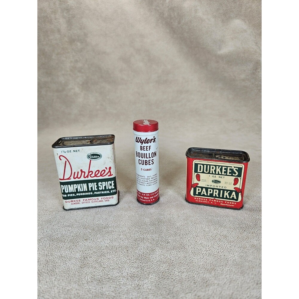 Lot Of 3 Vtg Spice Tins Durkee's Paprika & Pumpkin Pie Spice, Wyler's Bouillon